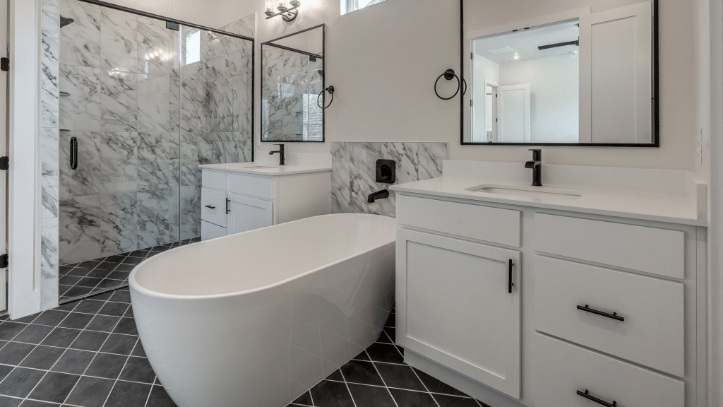 Bathroom with bold patterned floor and wall